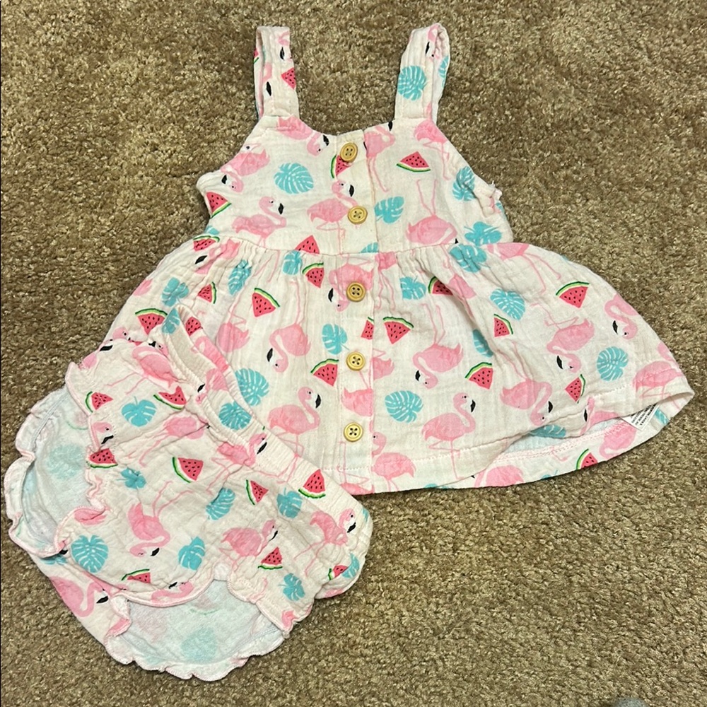 Flamingo and Watermelon Print Baby Dress Set